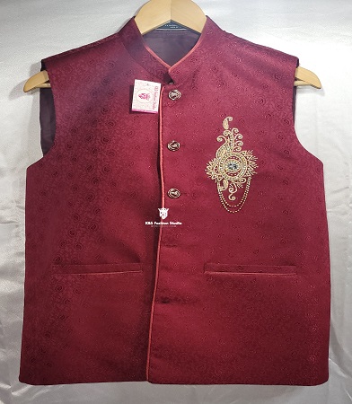 Red Plain Depka Work Waistcoat